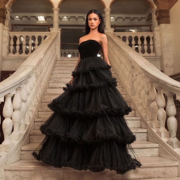 Mac Duggal Dresses & Skirts - Mac Duggal Black Velvet Bustier Ruffle Ball Gown